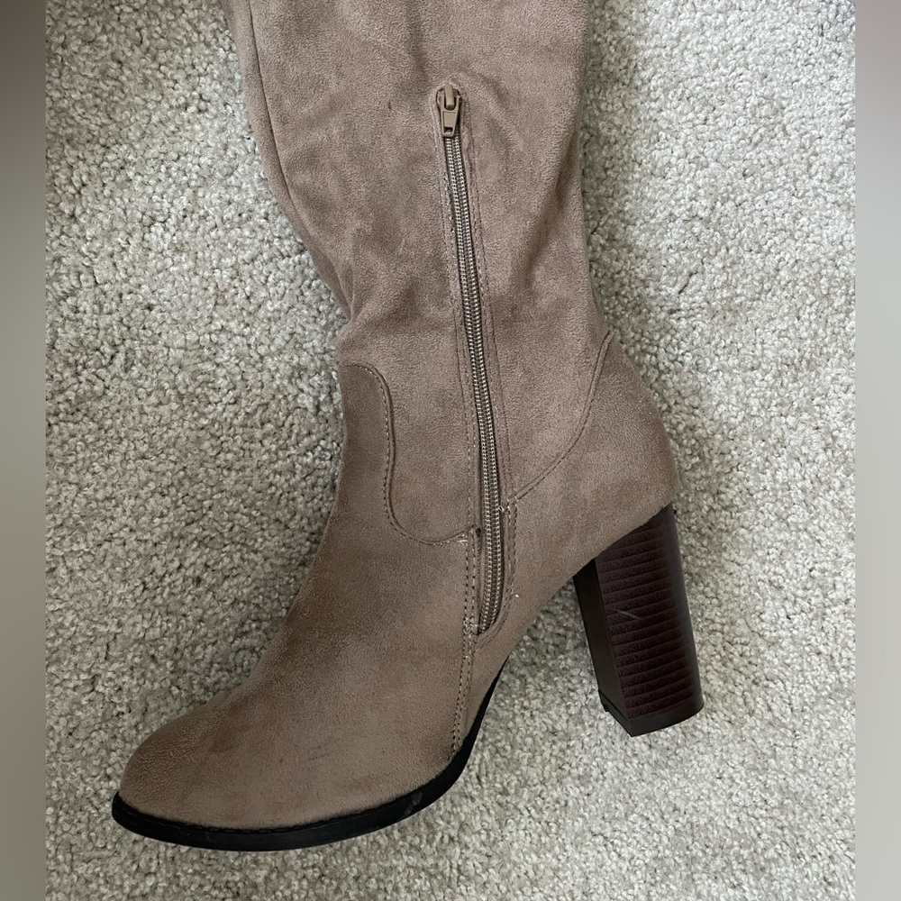 Qupid Taupe Over-the-Knee Suede Block Heel Boots - Picture 9 of 11
